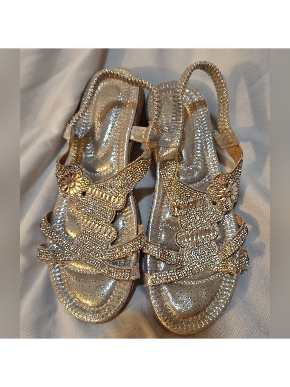 Silver Women's Elastic Ankle Rhinestone Flat Sandals Size 41